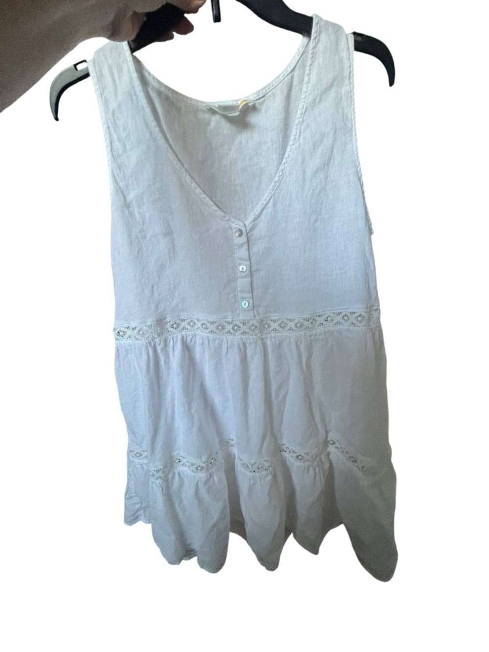 Boho White Tiered Beach Cover Up Mini Dress Lace Trim Flowy Medium Linen Blend - Picture 6 of 9
